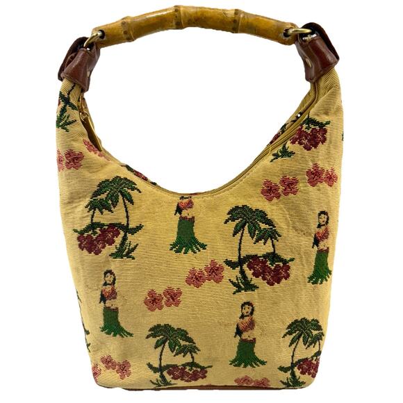 Sunny Hawaii Hula Girl Tapestry Bamboo Handle Shoulder Bag Brown Leather 12x9 - Picture 3 of 16